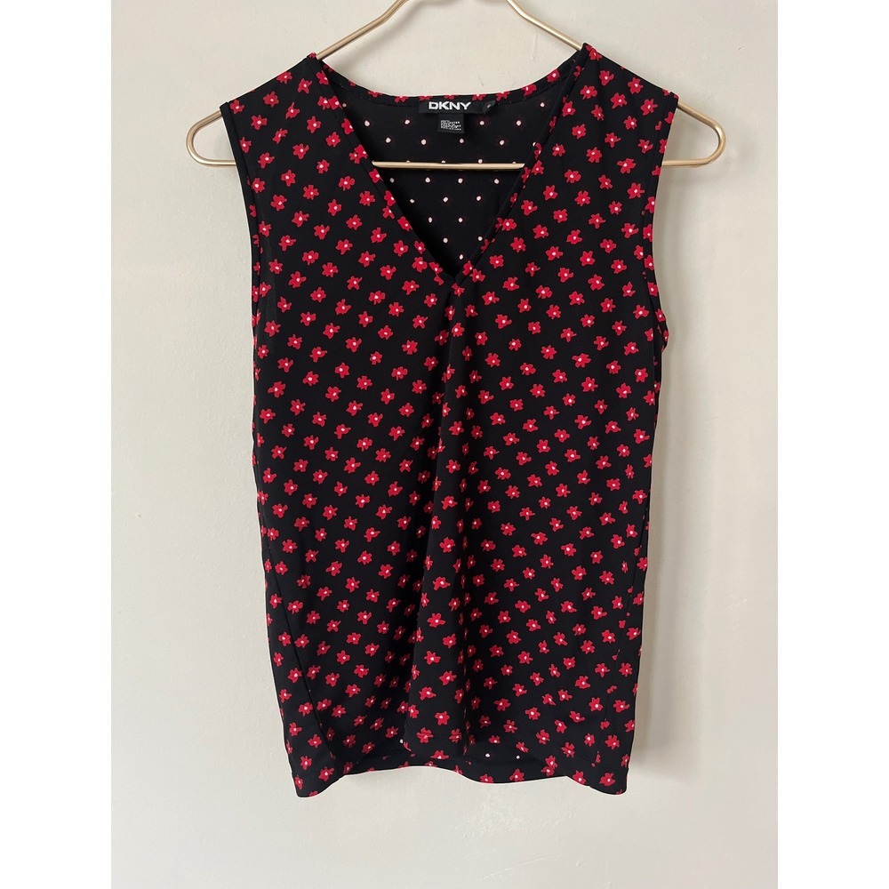 DKNY Womens Black Red Floral Polka Dot V-Neck Sleeveless Draped Blouse Top Small